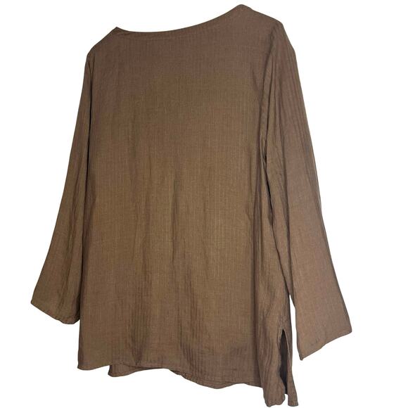 Eileen Fisher Brown Textured Striped Linen Button Top Large Lagen Lagenlook Boho - Picture 5 of 8
